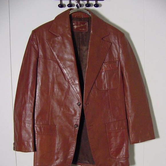 Vtg 70's Brown Leather Etienne Aigner Horse Shoe Button Blazer Jacket Sz 42